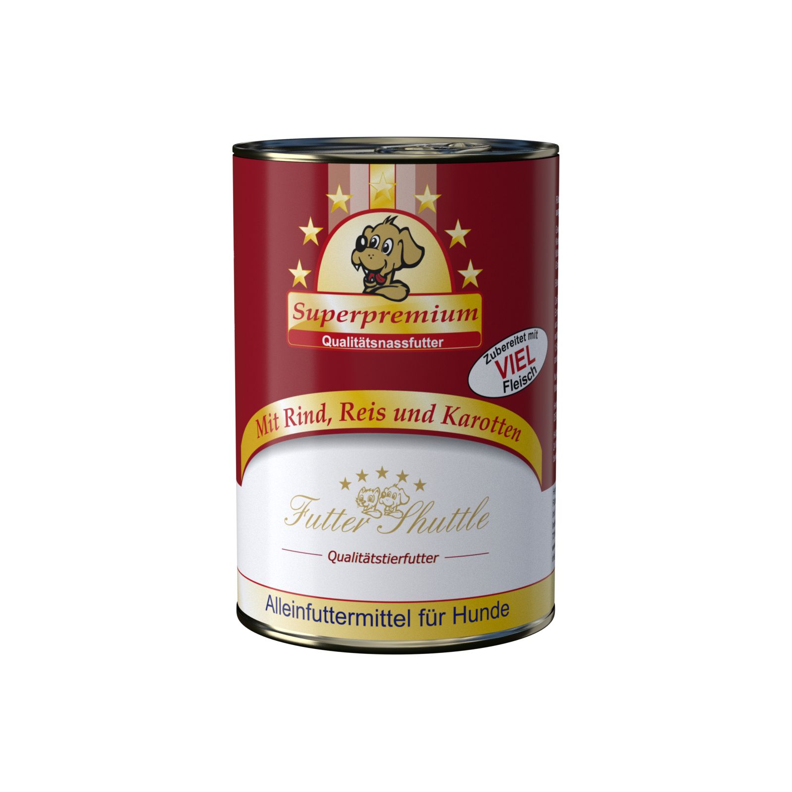 Hundefutterdose mit rotem Etikett. Aufschrift: Superpremium, Mit Rind, Reis und Karotten, Futter Shuttle. Enthält viel Fleisch.