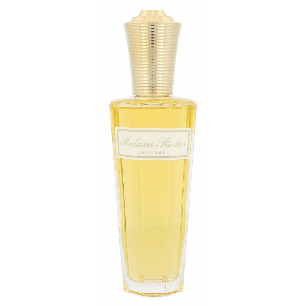 Parfümflasche, goldfarbener Verschluss, Etikett mit Schriftzug. Transparente Glasflasche mit gelblicher Flüssigkeit.