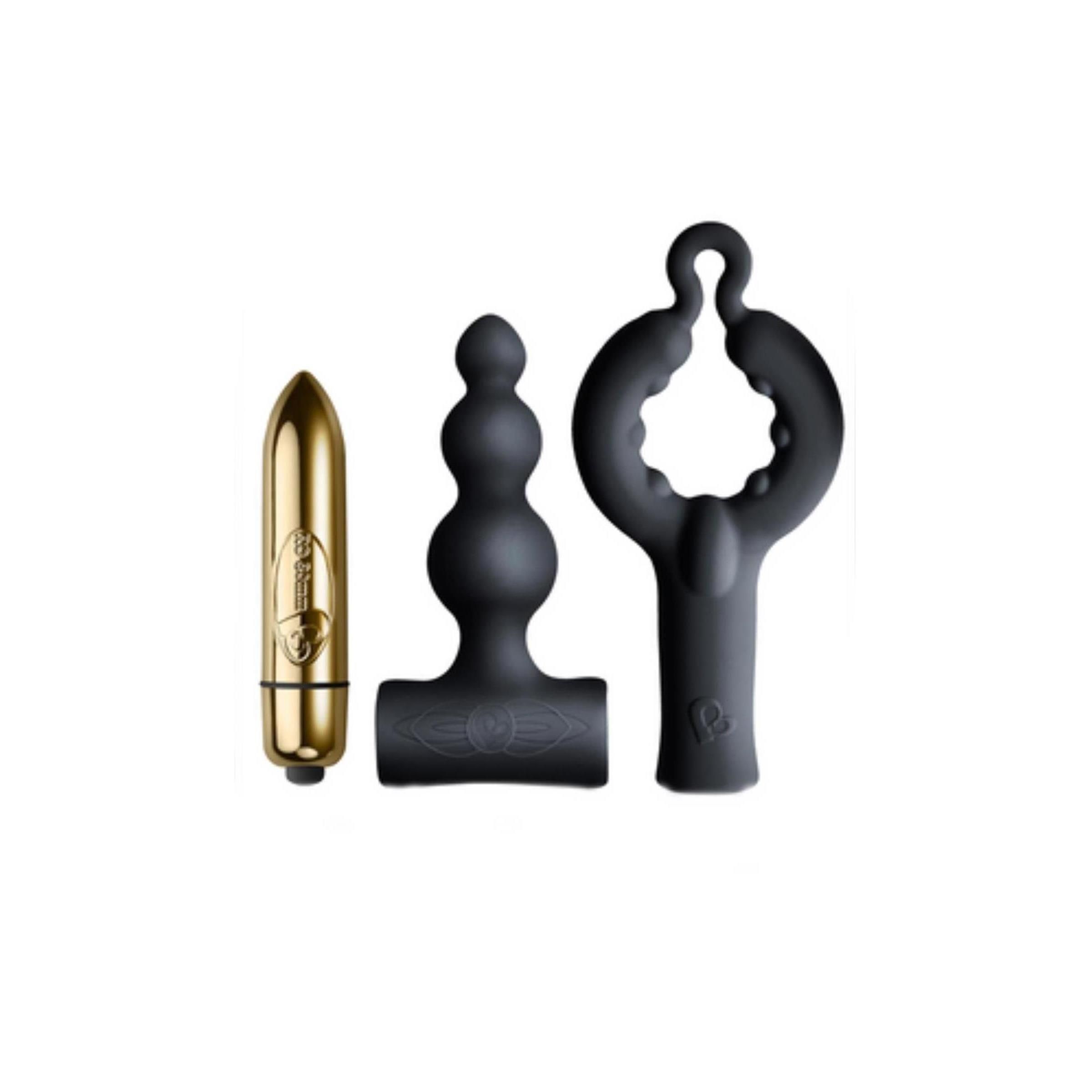 Drei Produkte: goldfarbenes Zylinder, schwarzes Produkt mit drei Kugeln, schwarzer Ring mit Griff.