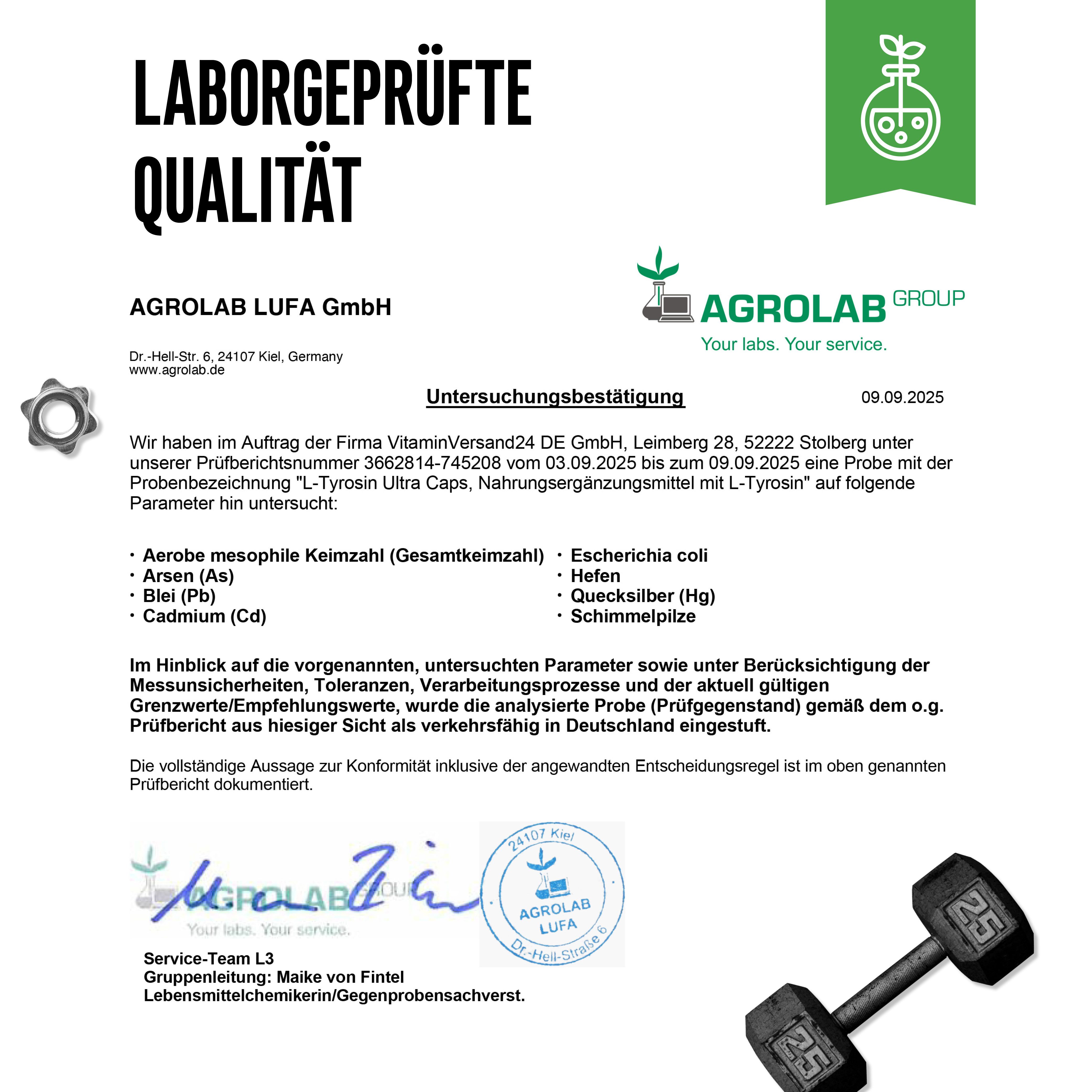 Laborbericht von Agrolab LUFA GmbH für L-Tyrosin Ultra Caps. Ergebnisse der Analyse auf verschiedene Parameter.
