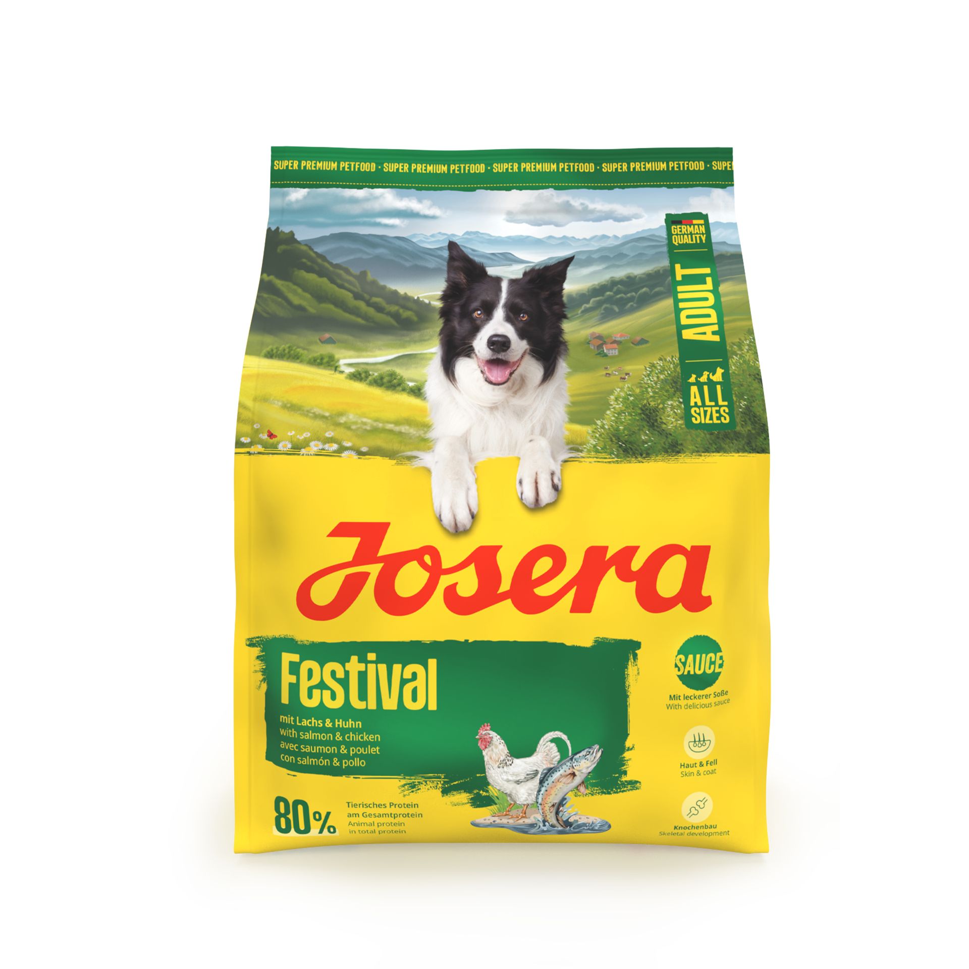 Josera Festival Hundefutter-Sack mit Hund und Hühnern, gelb.