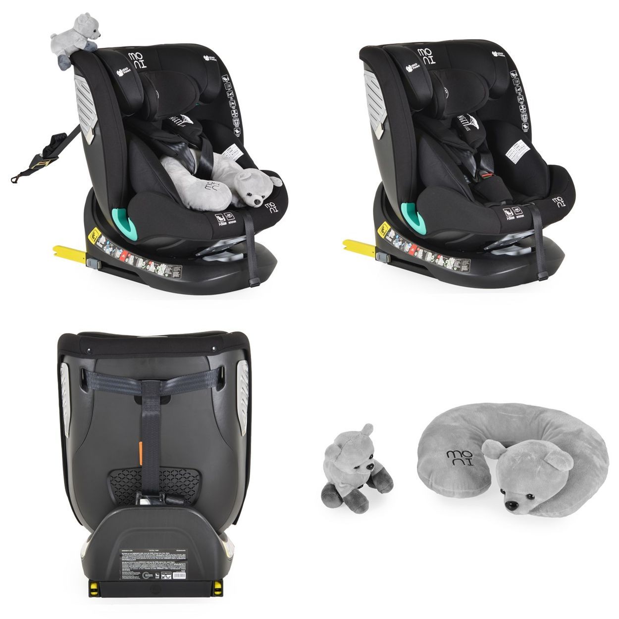 Rückseite eines schwarzen Kindersitzes mit Gurtsystem und ISOFIX-Markierungen.