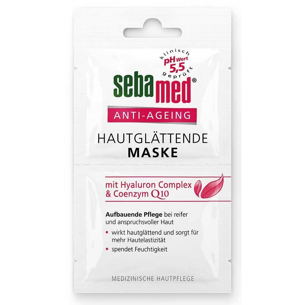 Sebamed Anti-Ageing Maske. Weiße Verpackung mit roter Schrift. Enthält Hyaluron Complex & Coenzym Q10. Klinisch getestet.