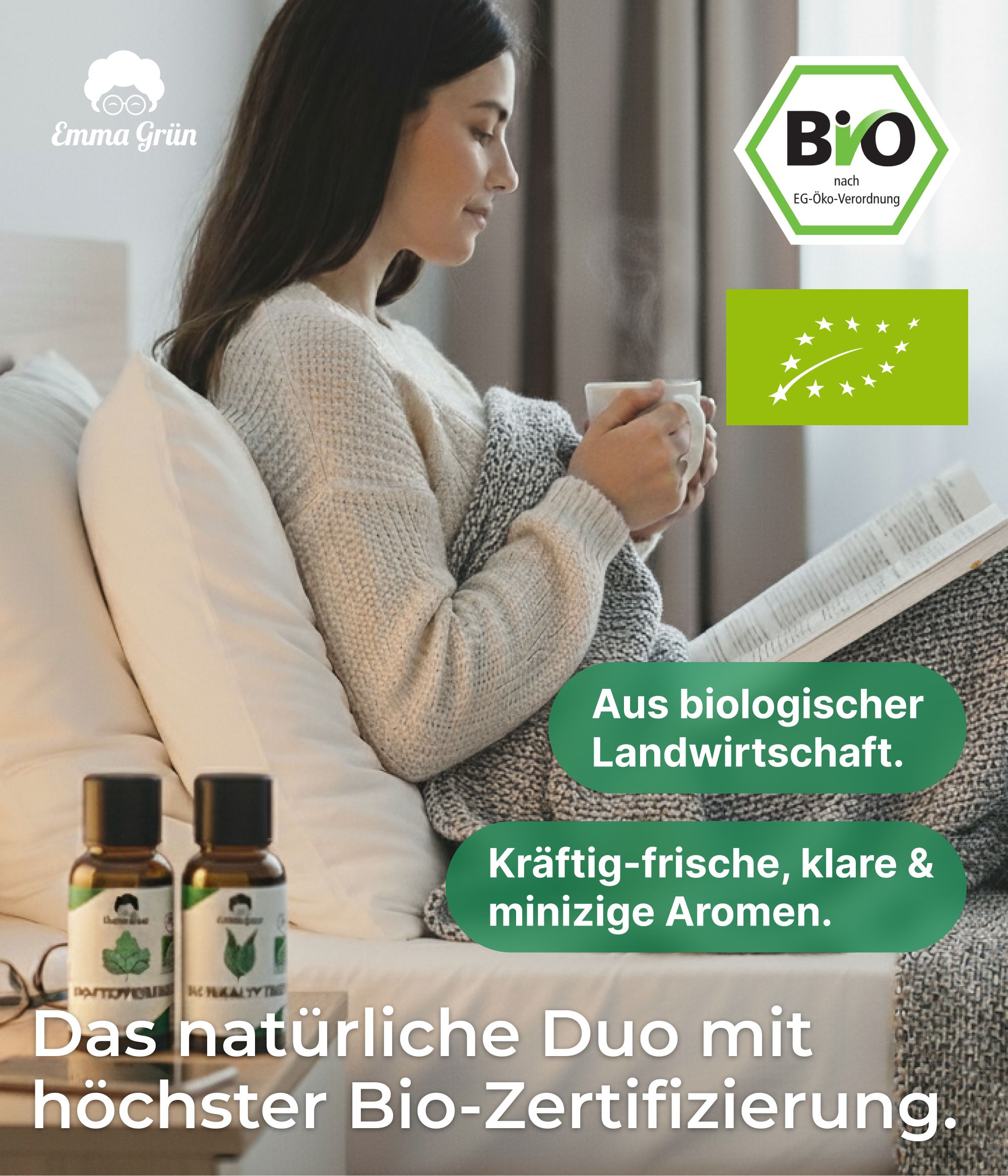 Frau im Bett mit zwei Flaschen. Bio-Zertifizierung. Text: "Aus biologischer Landwirtschaft". "Das natürliche Duo mit höchster Bio-Zertifizierung".