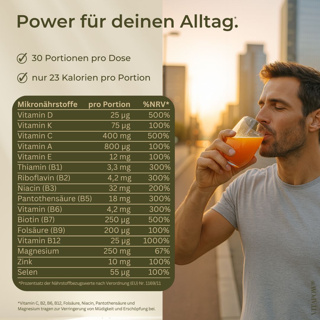 Mann trinkt Getränk aus Glas. Text: 30 Portionen pro Dose, nur 23 Kalorien pro Portion. Tabelle mit Nährwertangaben.