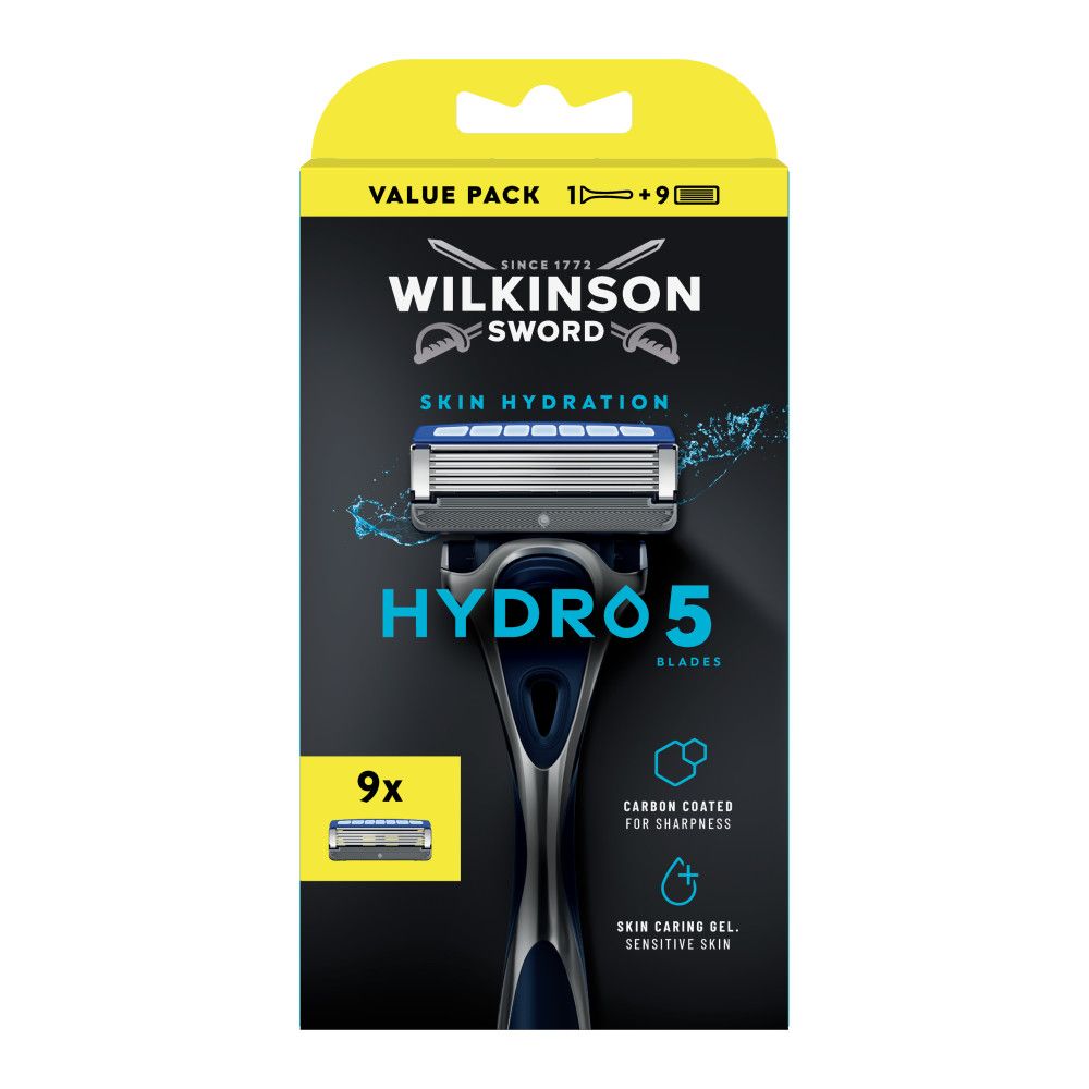 Verpackung für Wilkinson Sword Hydro 5 Klingen. Zeigt eine Klinge und die Anzahl '4'.