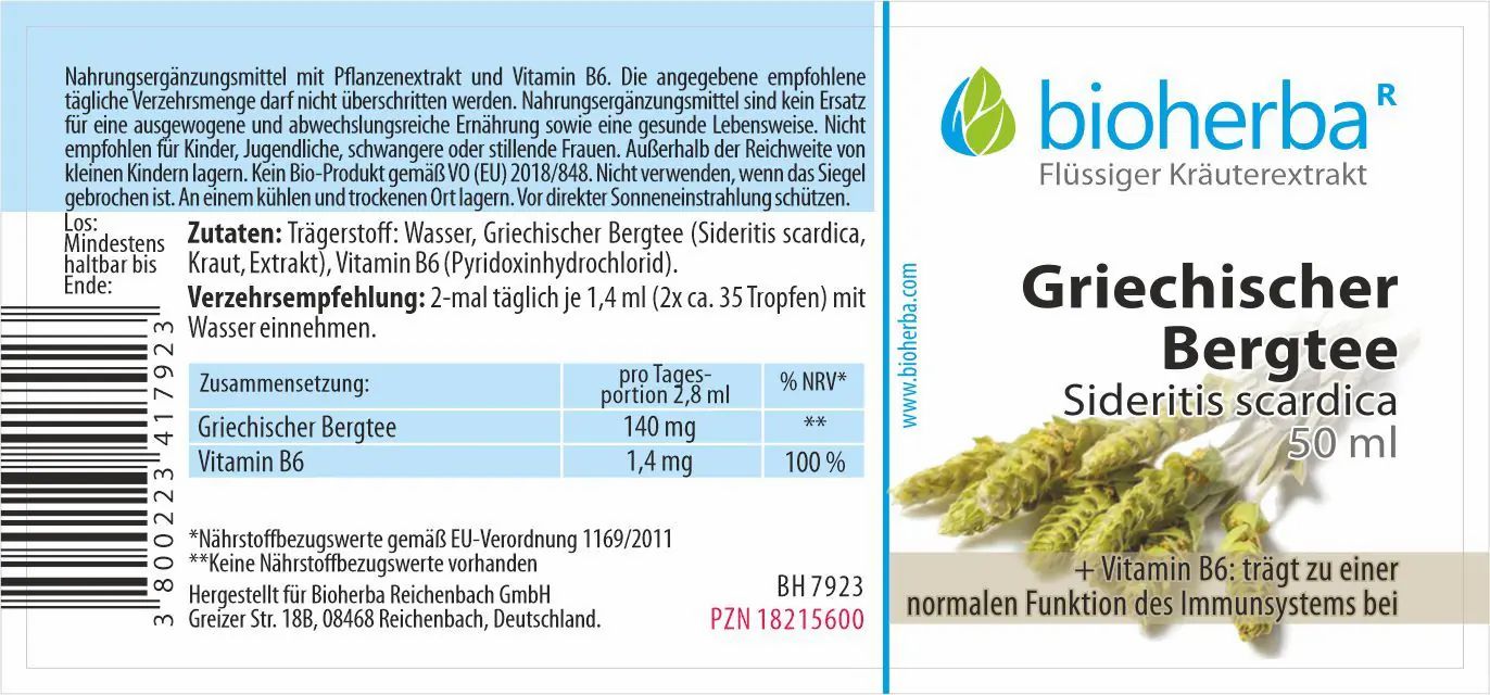 Etikett mit Produktnamen, Logo und Kräuterabbildung. Enthält Informationen zu Inhaltsstoffen und Nährwerten.