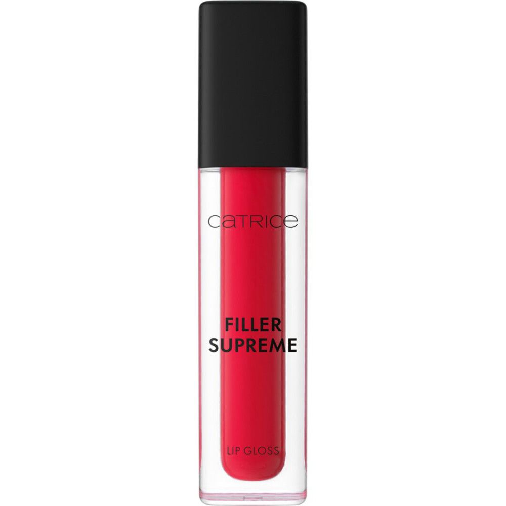Catrice Supreme Lippenfiller Gloss, transparente Flasche mit rotem Inhalt. Schwarzer Deckel. Aufschrift: Filler Supreme.