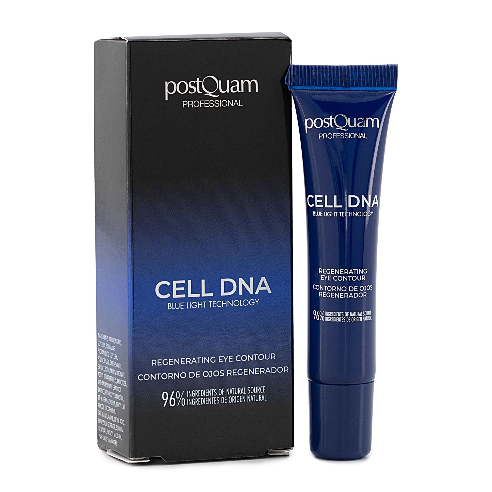 Dunkelblaue Tube und Schachtel. Aufschrift: Postquam Professional, CELL DNA, Regenerating Eye Contour. 96% Inhaltsstoffe natürlichen Ursprungs.