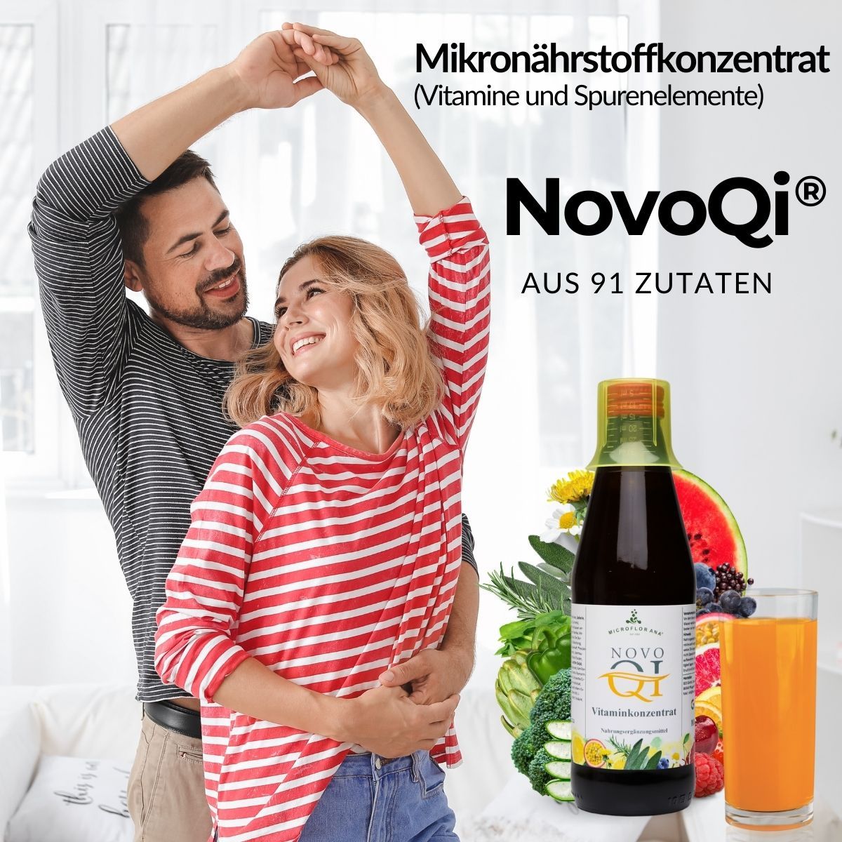 Paar tanzt. Flasche und Glas mit Flüssigkeit. Aufschrift: NovoQi, Vitamin Konzentrat. Text: Aus 91 Zutaten.