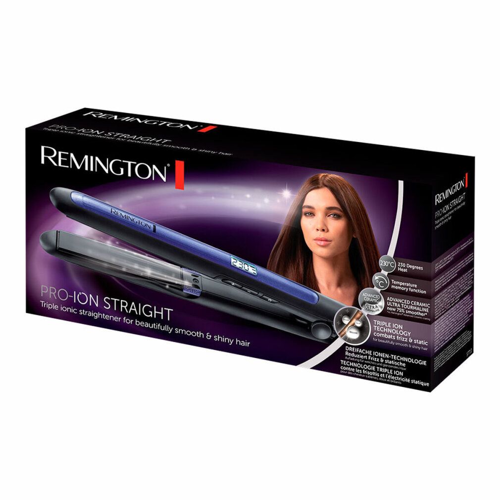 Produktverpackung von Remington Pro-Ion Straight. Enthält Glätteisen und Produktabbildung. Schwarzer Karton.