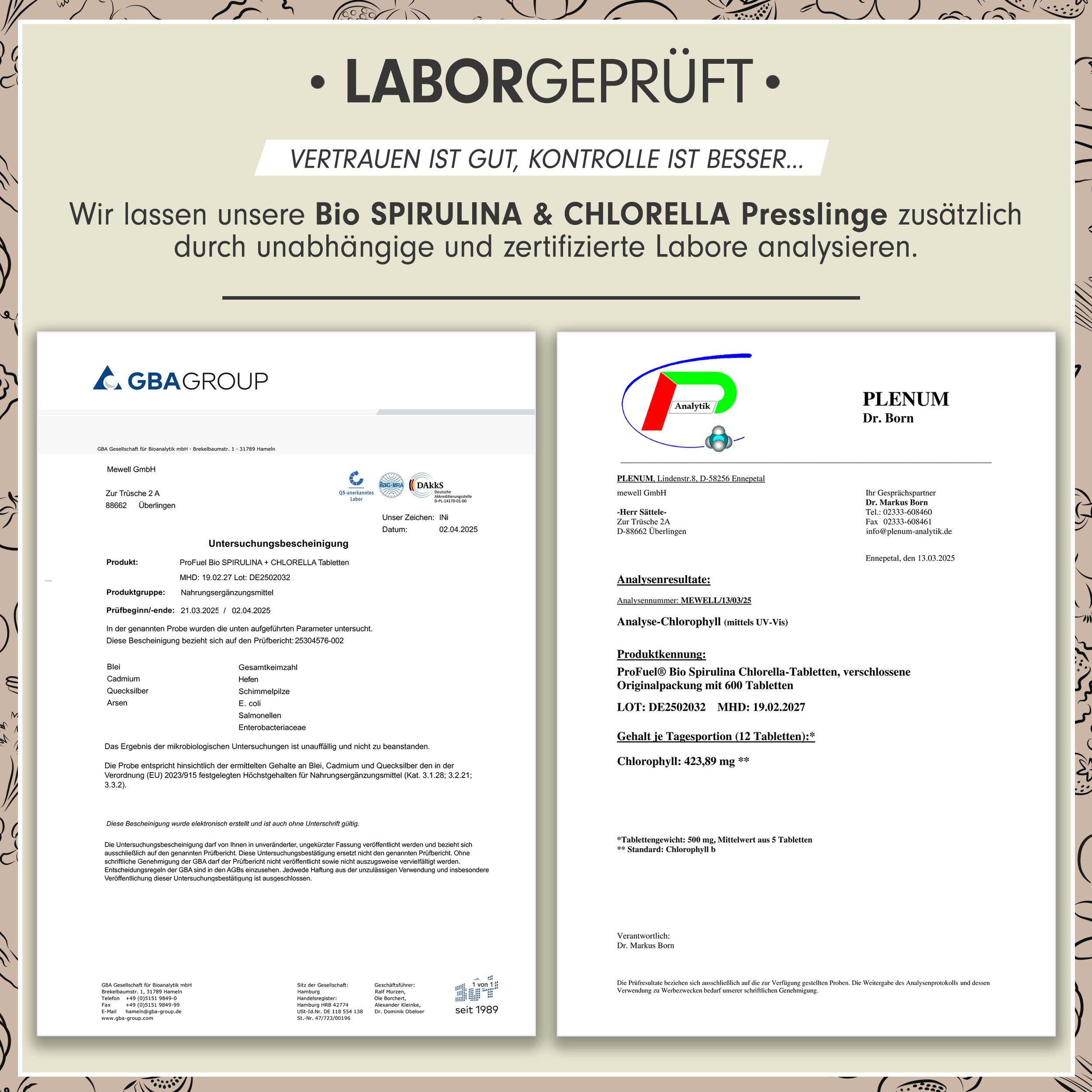 Zwei Laborberichte. Text: Bio Spirulina & Chlorella Presslinge, GBA Group, Plenum Dr. Boris.