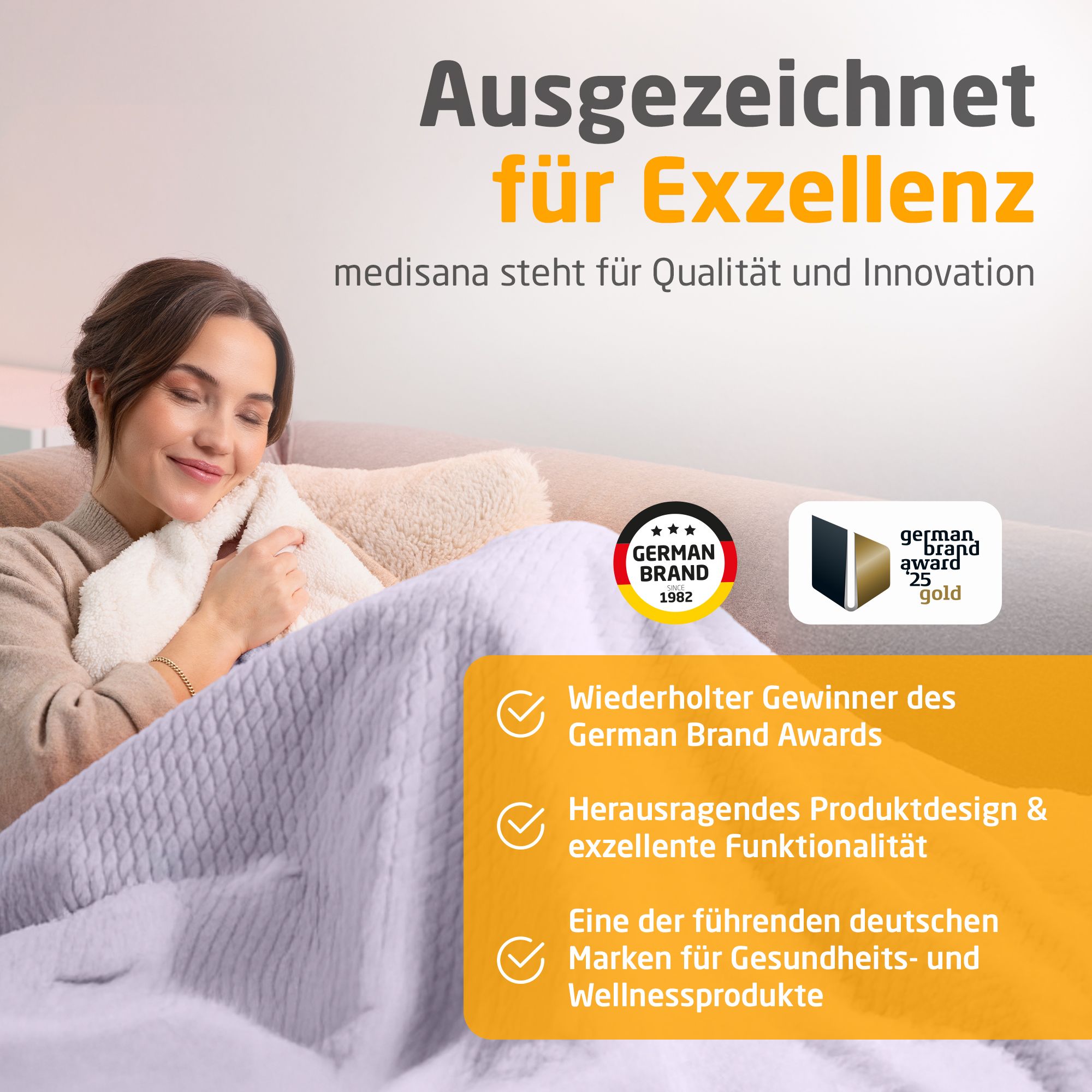 Frau mit helllila Heizdecke auf Sofa. German Brand Award 1982. German Brand Award 25 gold. Text: Qualität und Innovation.