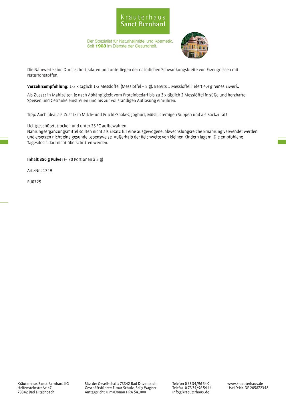 Sanct Bernhard Protein-Konzentrat-Pulver mit hoher biologischer Wertigkeit | Neutraler Geschmack