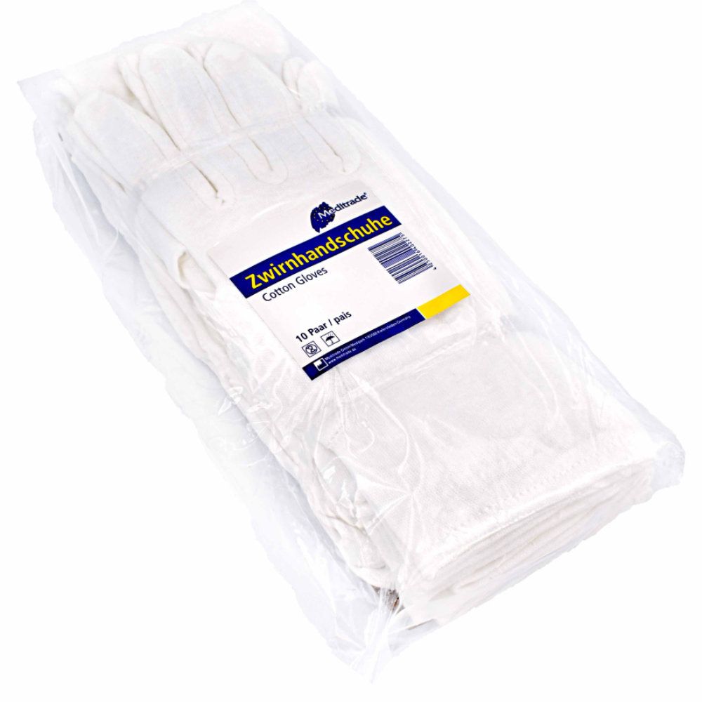 Baumwollhandschuhe, Größe 7, in Folienverpackung. Aufschrift: Zwirnhandschuhe, Cotton Gloves, 10 Paar.