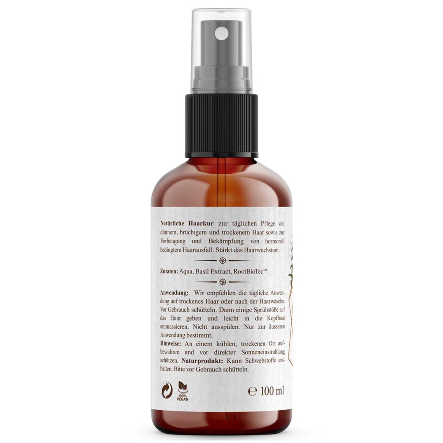 Braune Sprühflasche mit Etikett. Text: Natürliche Haarkur, Aqua, Basil Extract, RootBioTec™. Vegan-Siegel. Volumen: 100 ml.