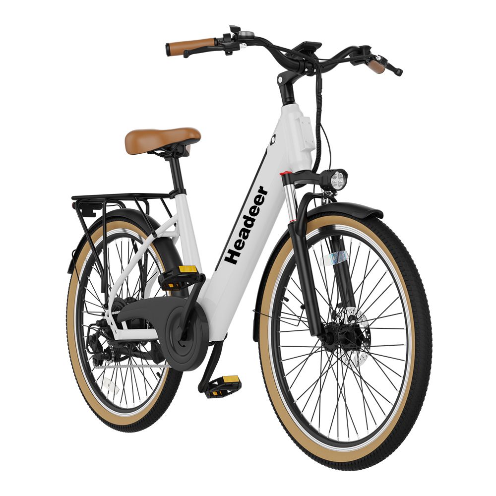 Weißes E-Bike mit braunen Reifen und Sattel. Marke Headeer. Schwarze Schutzbleche und Gepäckträger.