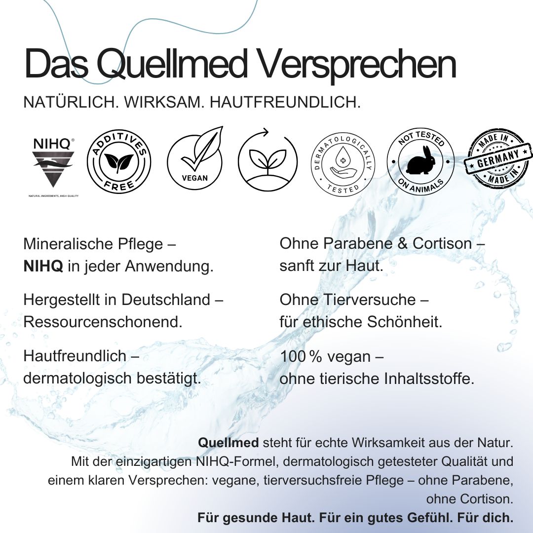 Text in deutscher Sprache. Logos: Additive Free, Vegan, Dermatologisch getestet, Nicht an Tieren getestet, Made in Germany.