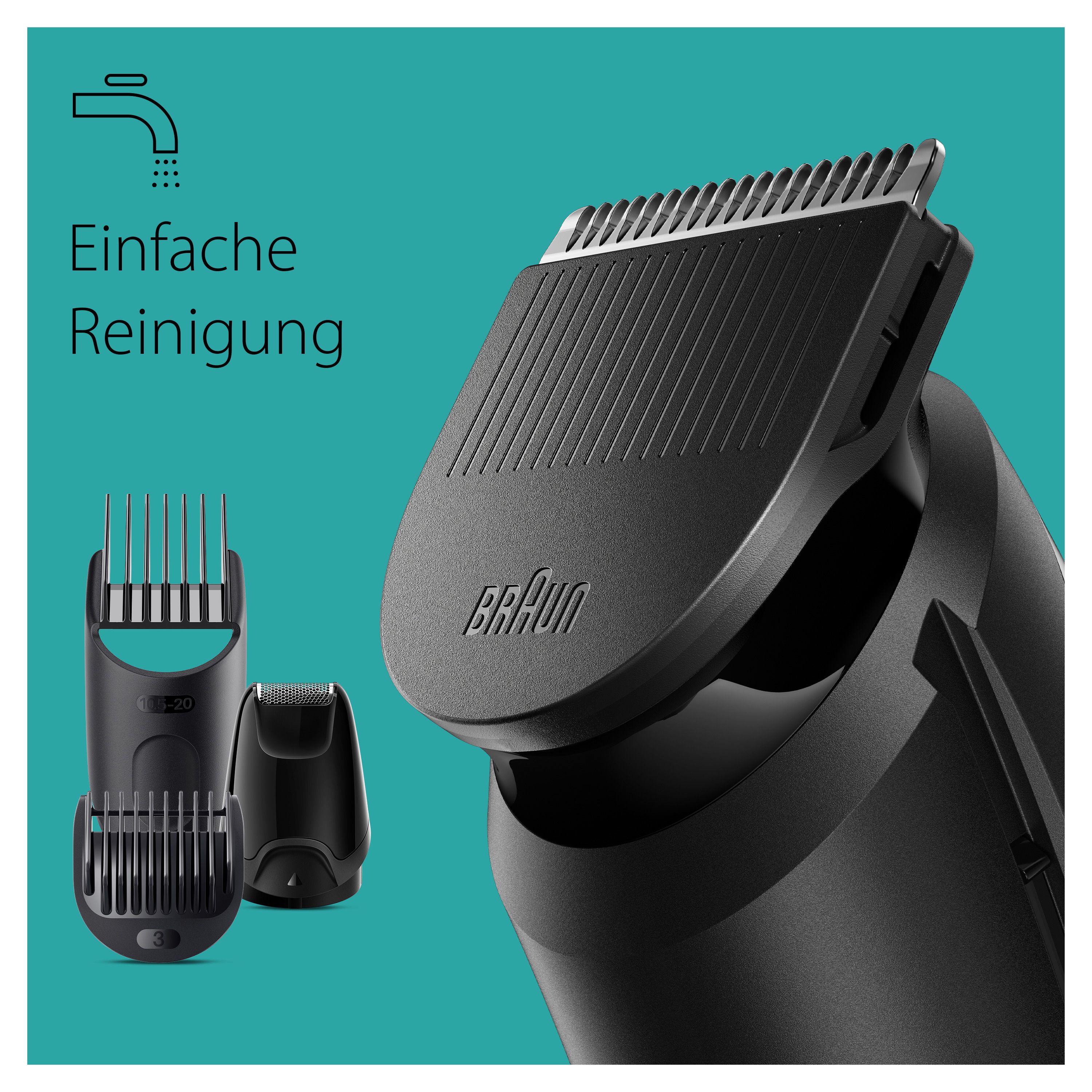 Schwarzer Trimmer mit drei Aufsätzen. Auf dem Trimmer steht "Braun". Text: "Einfache Reinigung".