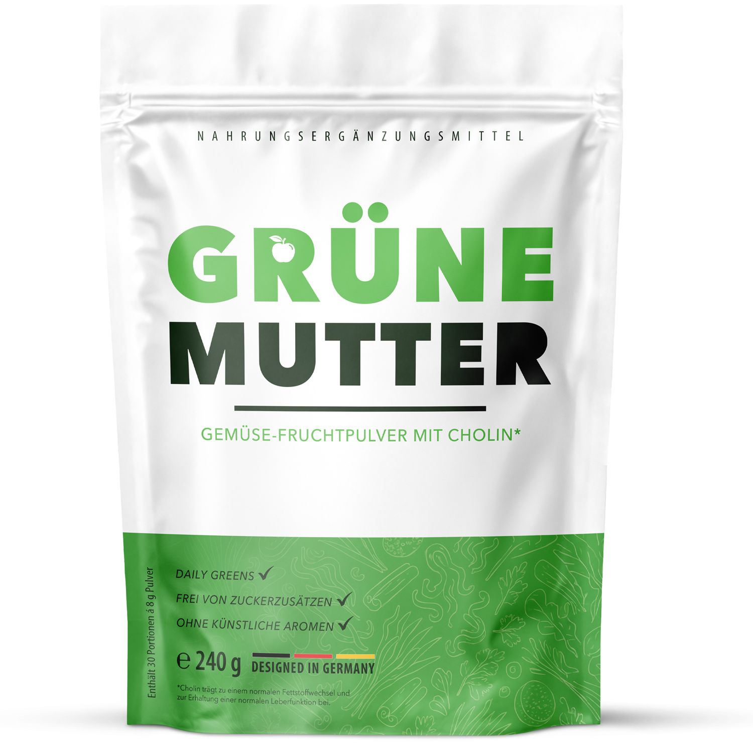 Weiß-grüne Verpackung mit "GRÜNE MUTTER"-Schriftzug. Enthält Gemüse-Fruchtpulver mit Cholin. "Nahrungsergänzungsmittel" steht oben. 240g, "Designed in Germany".