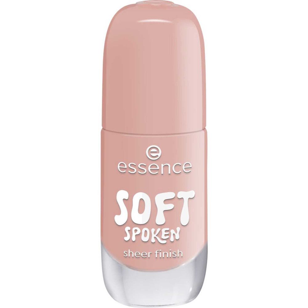 Nagellackflasche in rosa Farbton. Schriftzug "essence SOFT SPOKEN sheer finish".