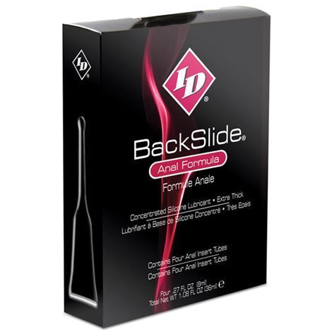 Schwarze Verpackung mit "BackSlide" und "Anal Formula" Schriftzug. Enthält vier Tuben. Rosa Logo mit "ID".