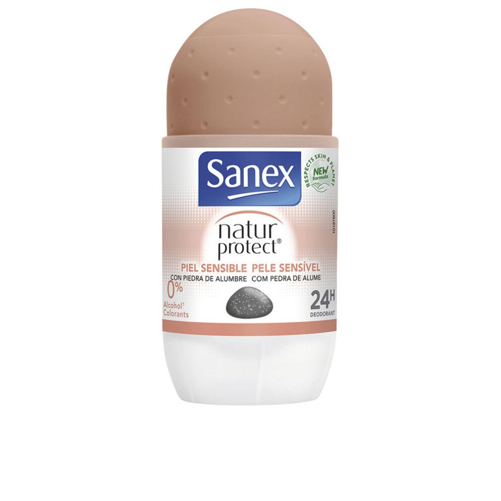 Sanex Deodorant-Roller. Weißer Behälter, brauner Deckel. Aufschrift: Natur Protect, 24h, 0% Alkohol. Für sensible Haut.
