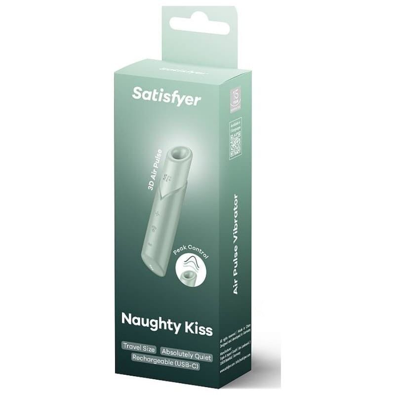Grüne Verpackung mit Produktabbildung. Schriftzug: Satisfyer, Naughty Kiss. Produkt: Air Pulse Vibrator. Mit USB-C.