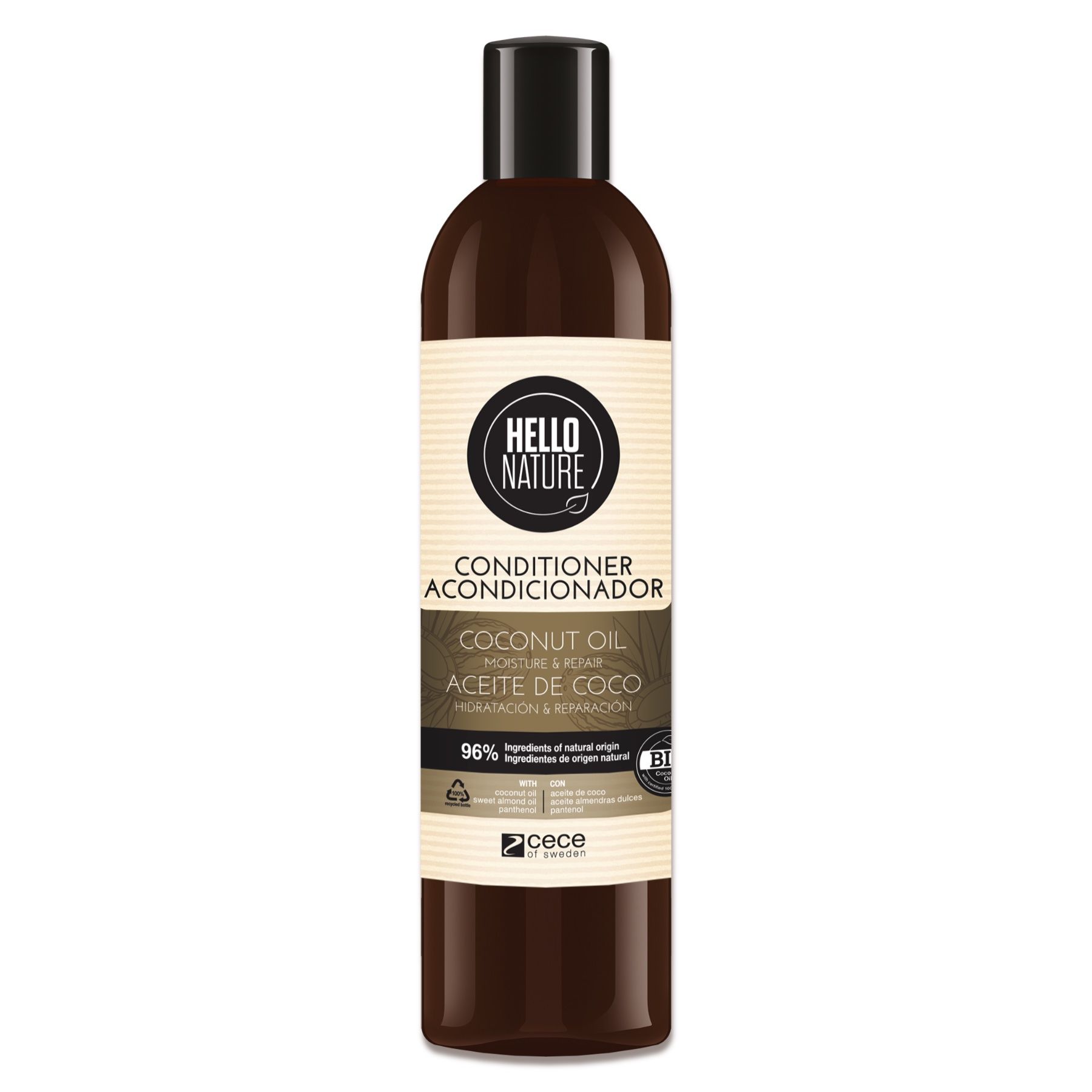 Braune Flasche Conditioner mit Etikett. Produktname und Inhaltsstoffe. Weißer Hintergrund.