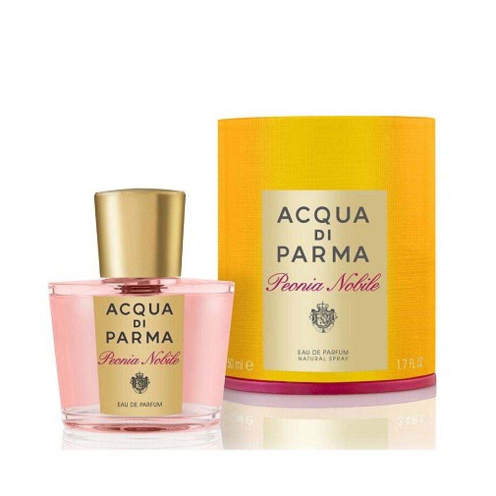 Glasflakon und zylindrische Verpackung. Aufschrift: Acqua di Parma Peonia Nobile. Goldfarbenes Etikett.