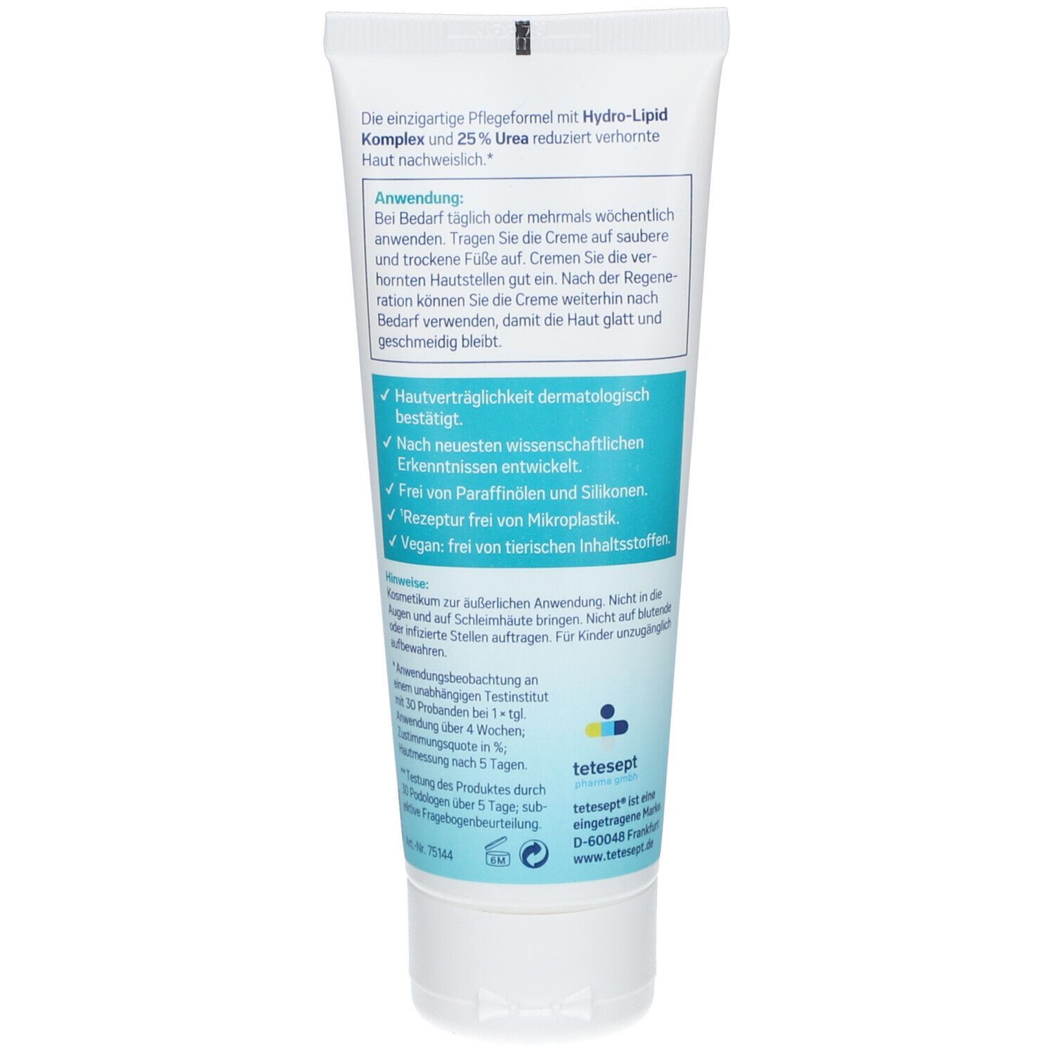 Rückseite der Tube tetesept® Anti-Hornhaut Intensiv Creme. Text über Anwendung und Inhaltsstoffe.