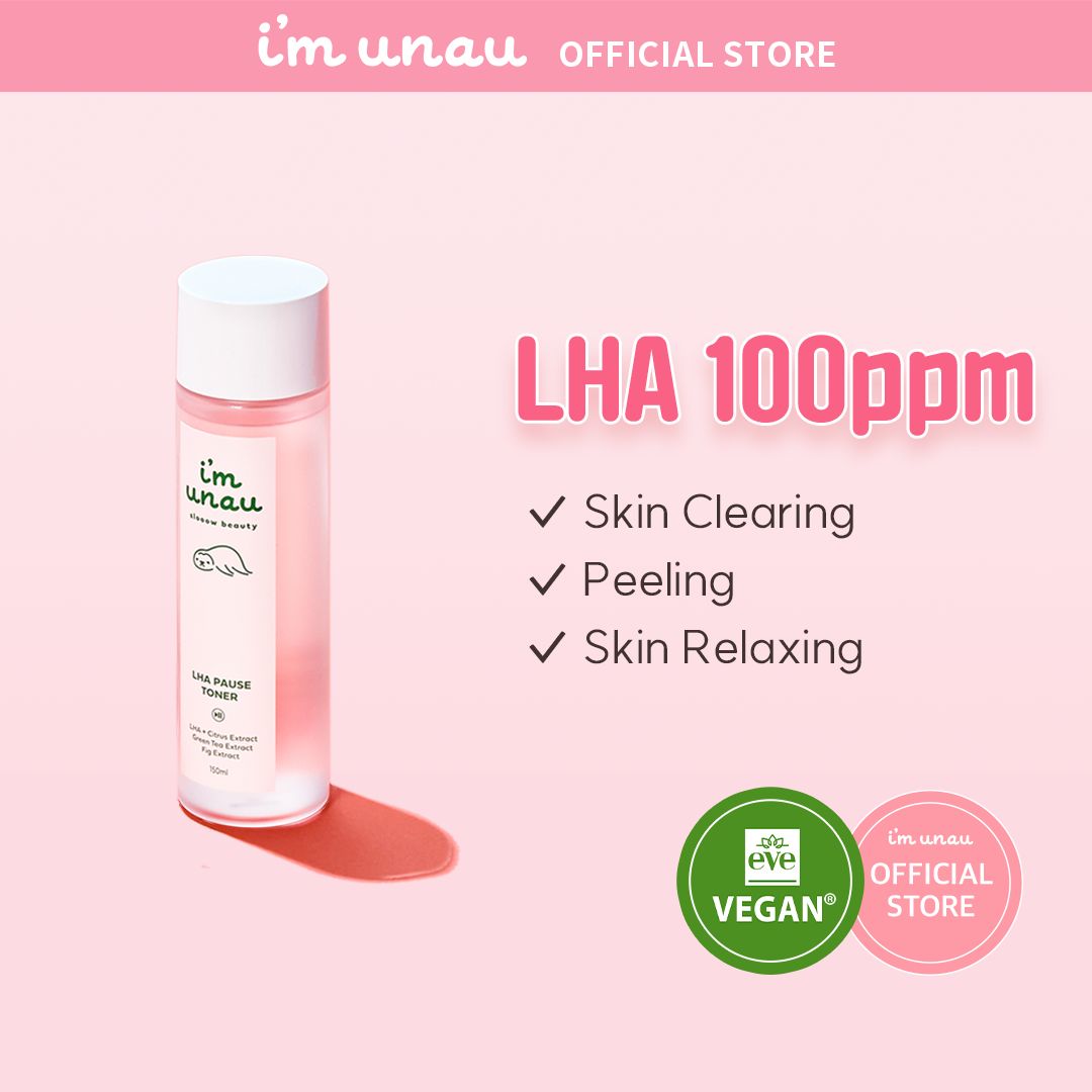 Produktflasche mit rosa Etikett. Aufschrift: i'm unau, LHA PAUSE TONER. Text: LHA 100ppm, Skin Clearing, Peeling, Skin Relaxing. Vegan-Zertifizierung.