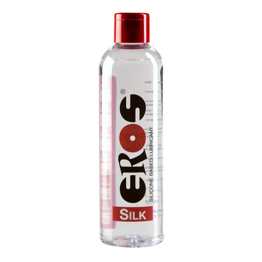Transparente Flasche mit rotem Deckel. Aufdruck: EROS SILK. Silikonbasiertes Gleitmittel.