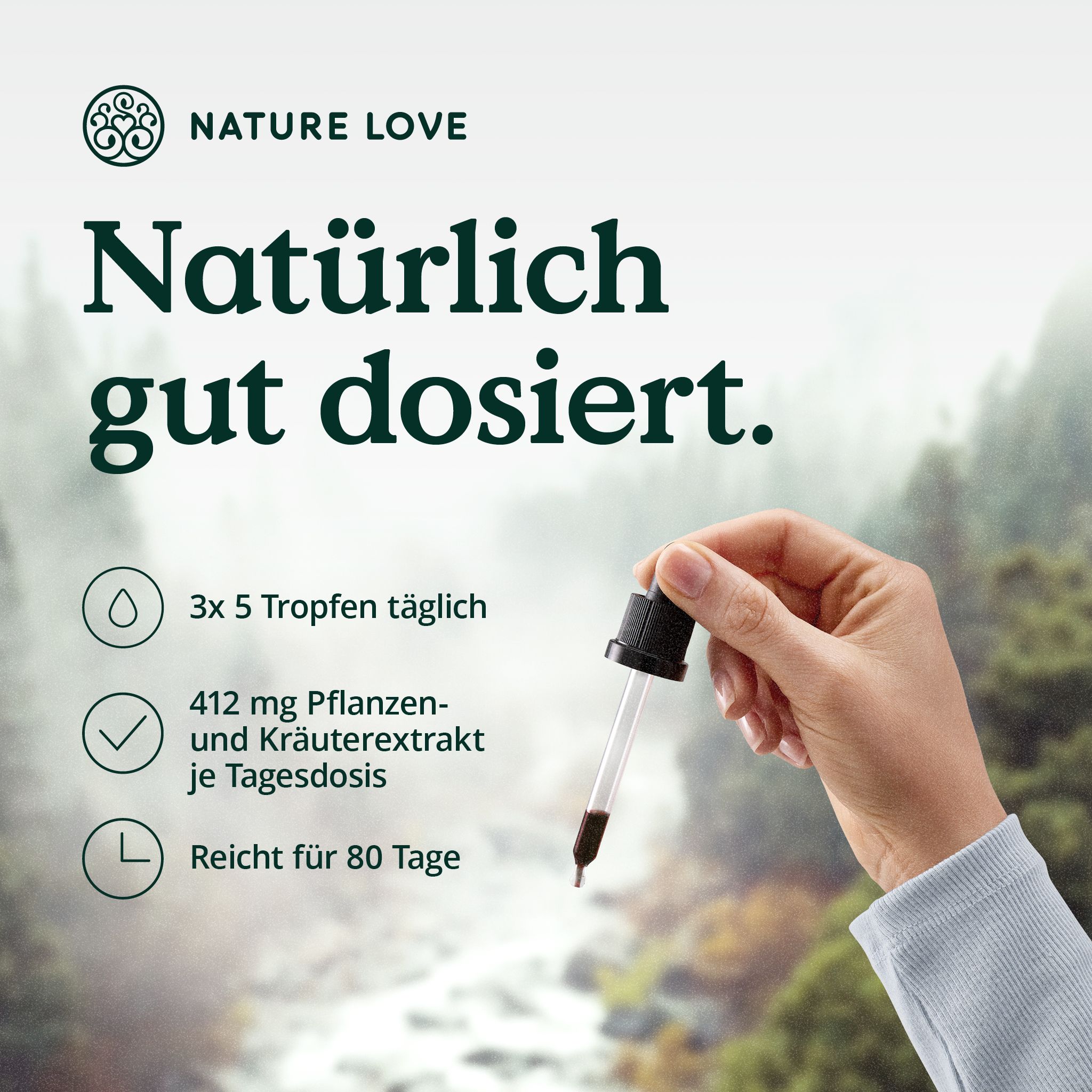 Hand hält Pipette über Flüssigkeit. Text: 3x5 Tropfen täglich, 412 mg Pflanzenextrakt, Reicht für 80 Tage. Hintergrund: Naturlandschaft.