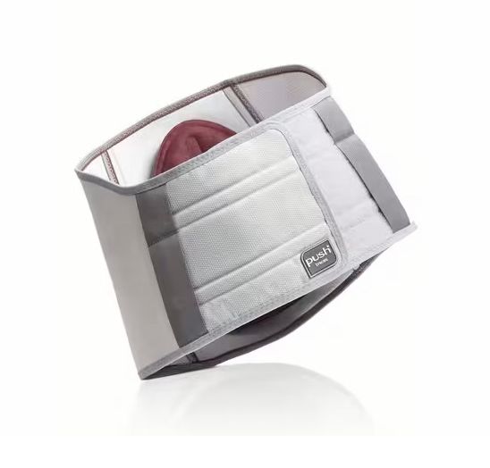 Graue Rückenbandage. Innenliegender Einsatz. Marke 'push' auf der Seite. Klettverschluss.