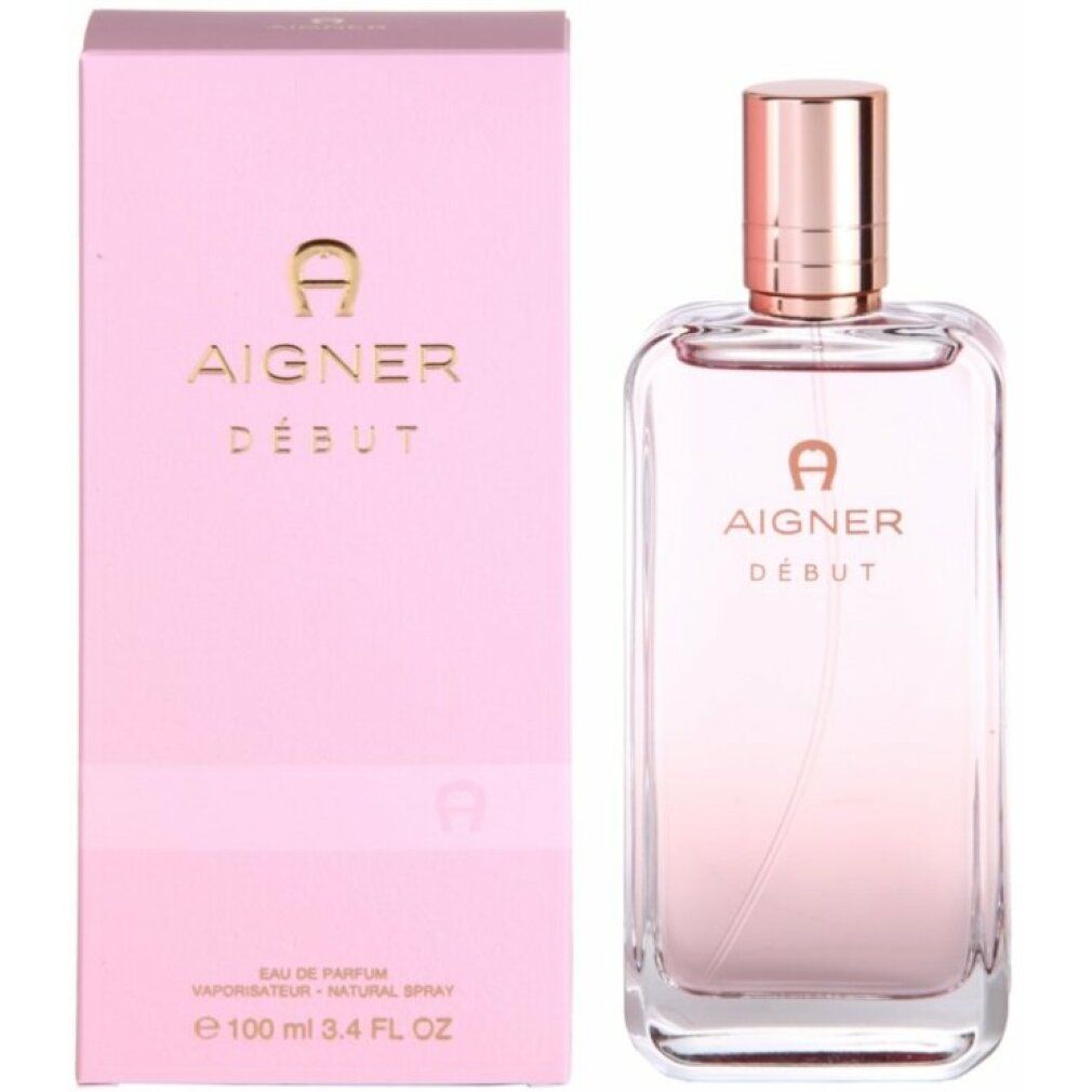 Rosa Flakon mit goldfarbenem Verschluss und rosa Verpackung. Aufschrift: AIGNER DÉBUT. Eau de Parfum.
