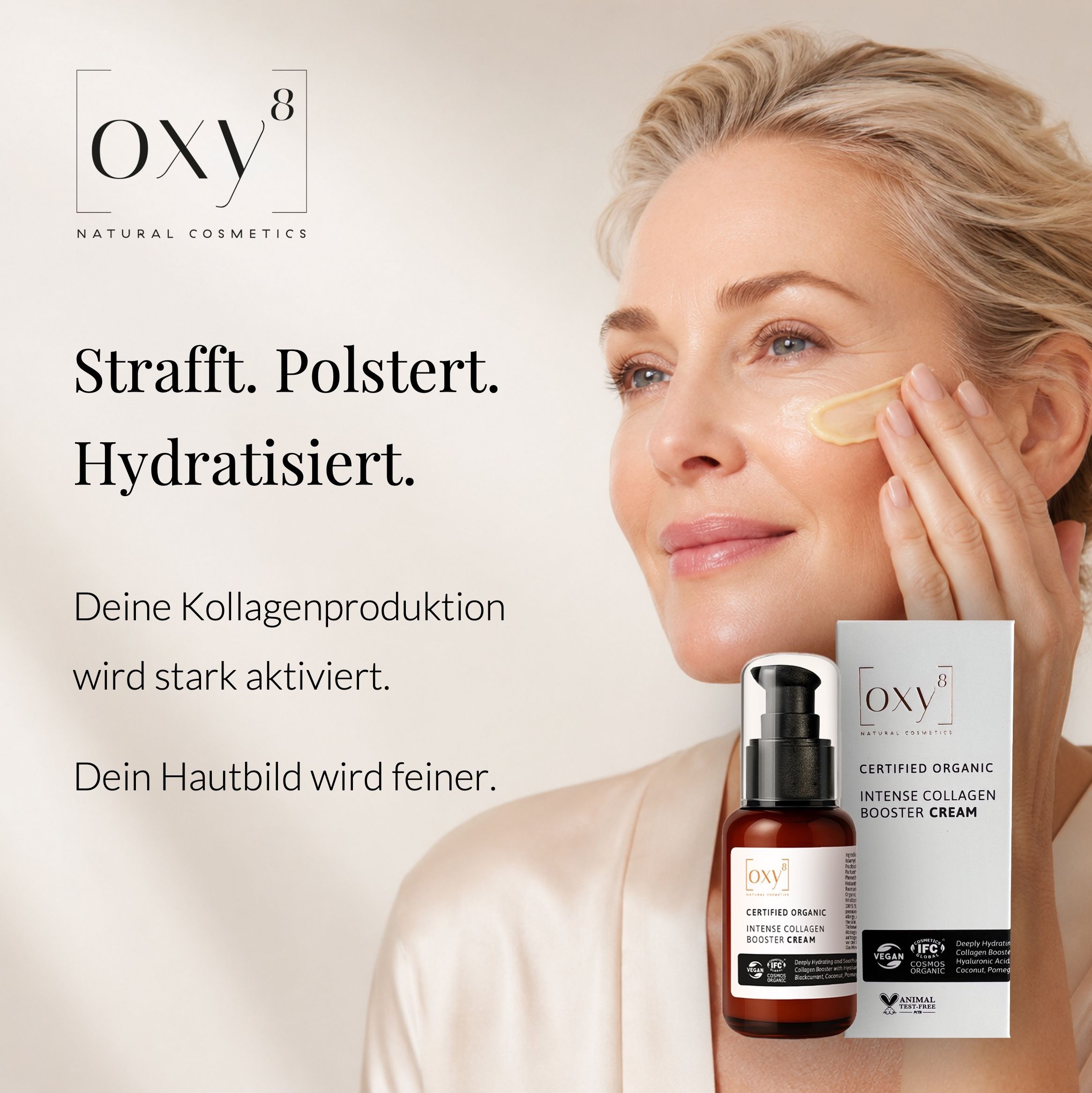 Werbung: Frau trägt Creme auf, Text: Strafft. Polstert. Hydratisiert.