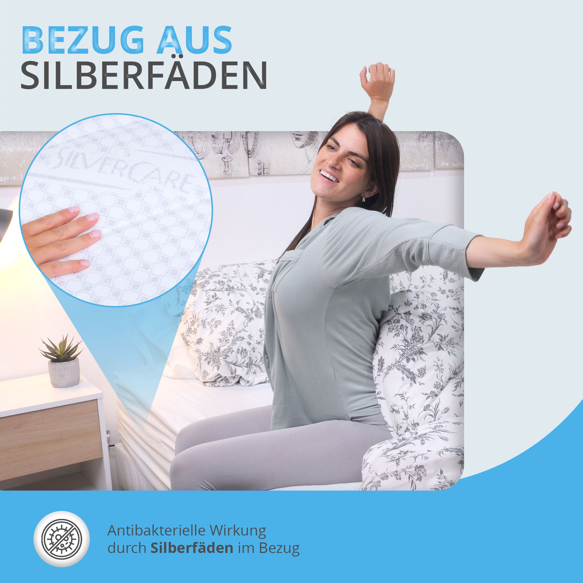 Frau streckt sich auf einem Bett mit Matratze mit silbernem Bezug. Antibakterielle Wirkung.