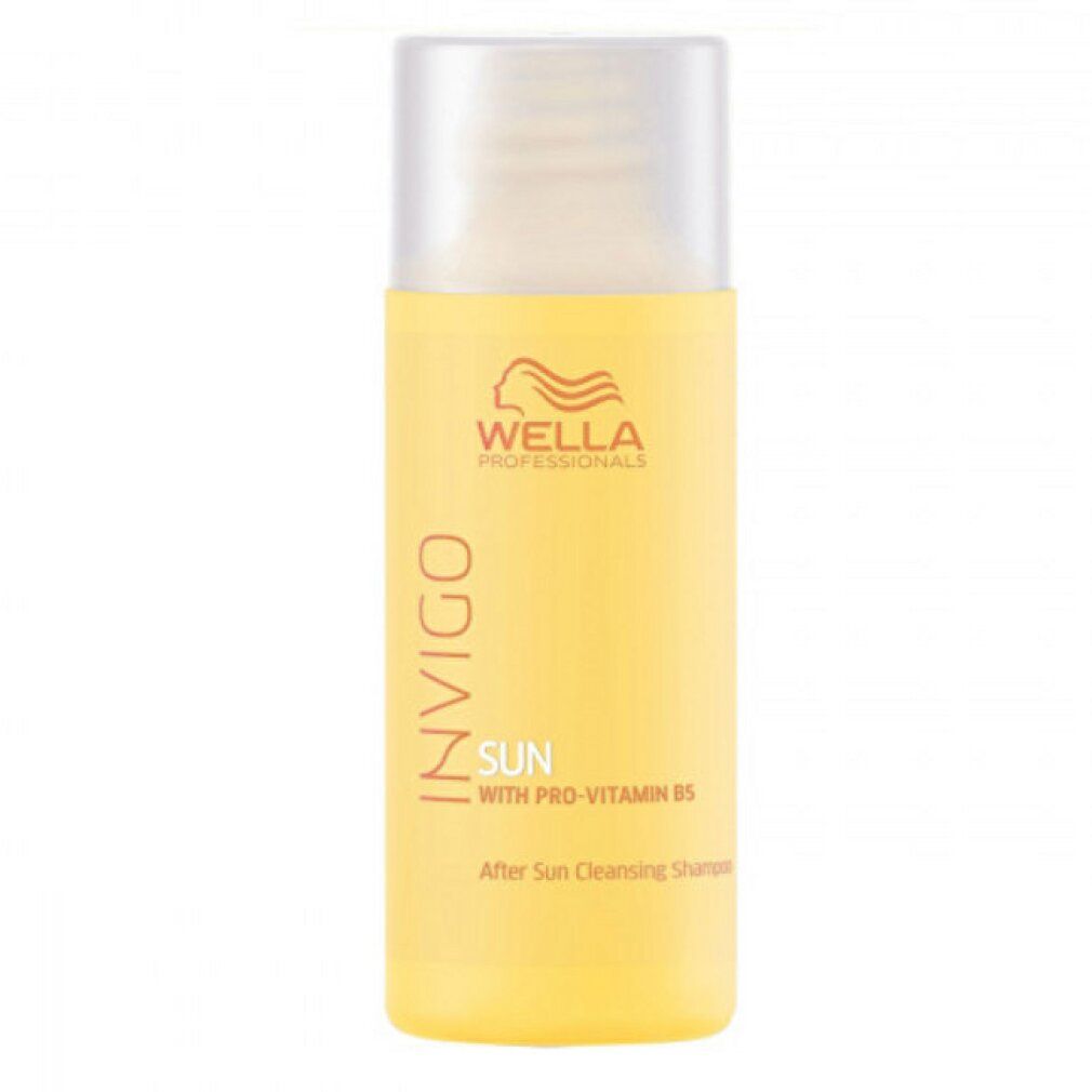 Gelbe Flasche mit transparentem Deckel. Text: SUN, INVIGO, After Sun Cleansing Shampoo.