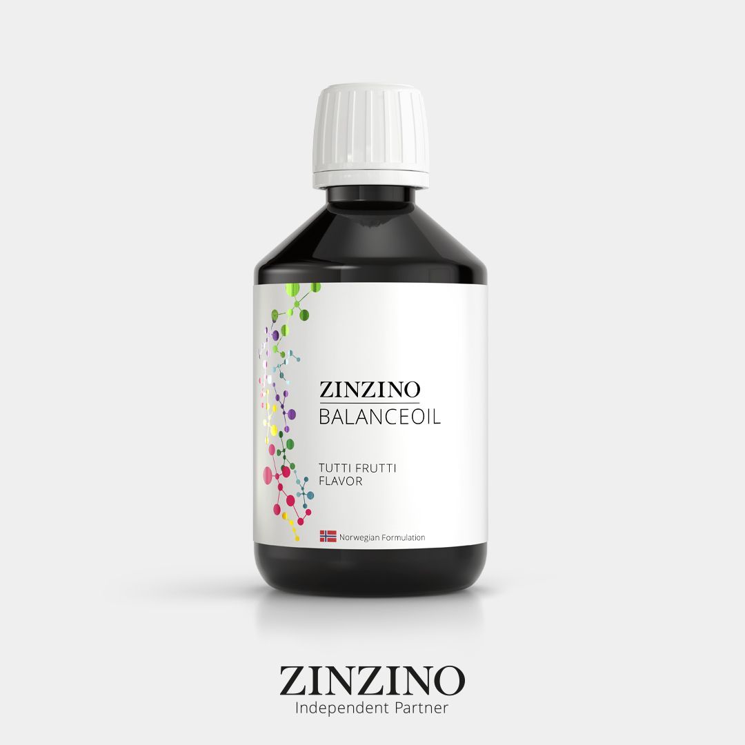 Schwarze Flasche mit weißem Etikett. Aufschrift: Zinzino BalanceOil, Tutti Frutti Flavor. Logo unten.