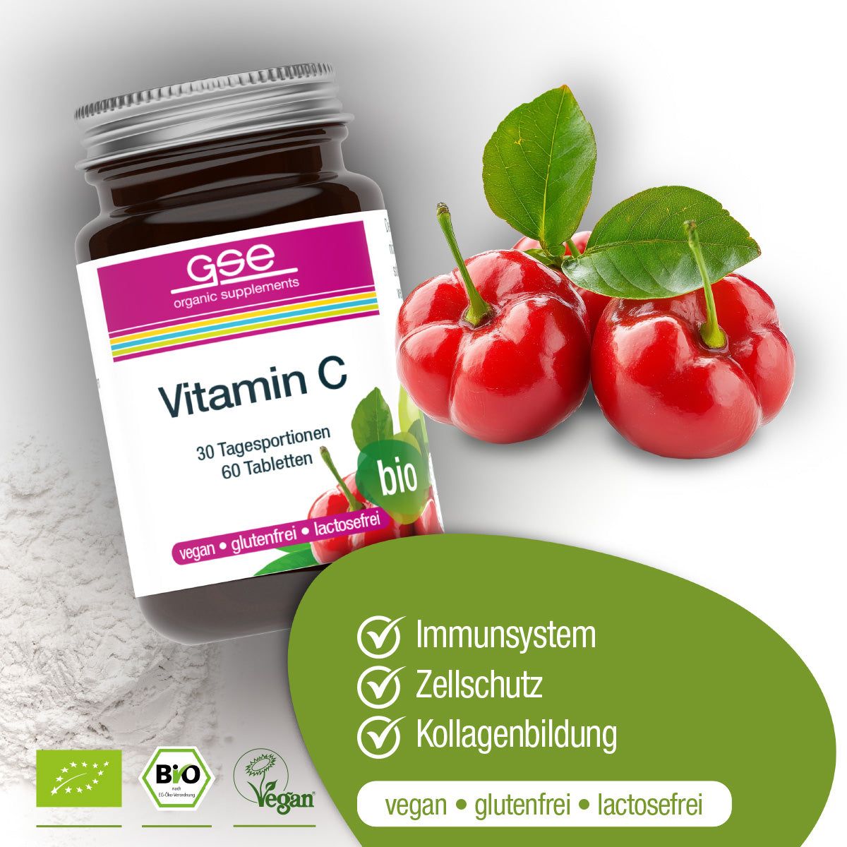 Braune Glasflasche mit GSE Vitamin C. Aufschrift: Vitamin C, 30 Tagesportionen, 60 Tabletten. Bio-Siegel, vegan, glutenfrei, laktosefrei. Rote Kirschen.