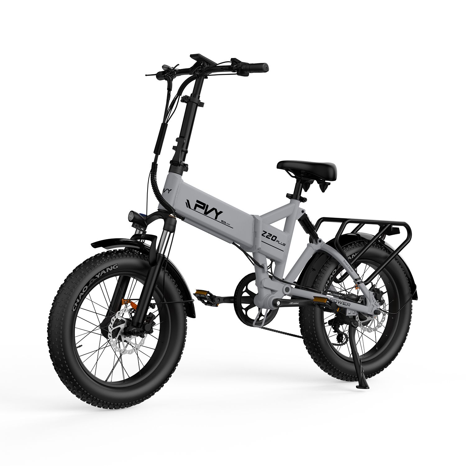 Graues E-Bike mit schwarzen Reifen und Gepäckträger. Aufschrift: PVY Z20 Plus.