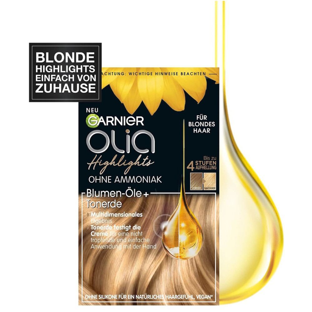 Garnier Olia Highlights Packung. Blondes Haar, ohne Ammoniak. Sonnenblumen-Öle und Tonerden. Aufhellung bis zu 4 Stufen. Text auf der Verpackung.