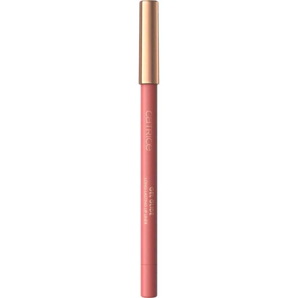 Catrice Gel Glide Lippenkonturenstift. Rosa Stift mit goldener Kappe. Schriftzug: GEL GLIDE, LONG LASTING LIP LINER.