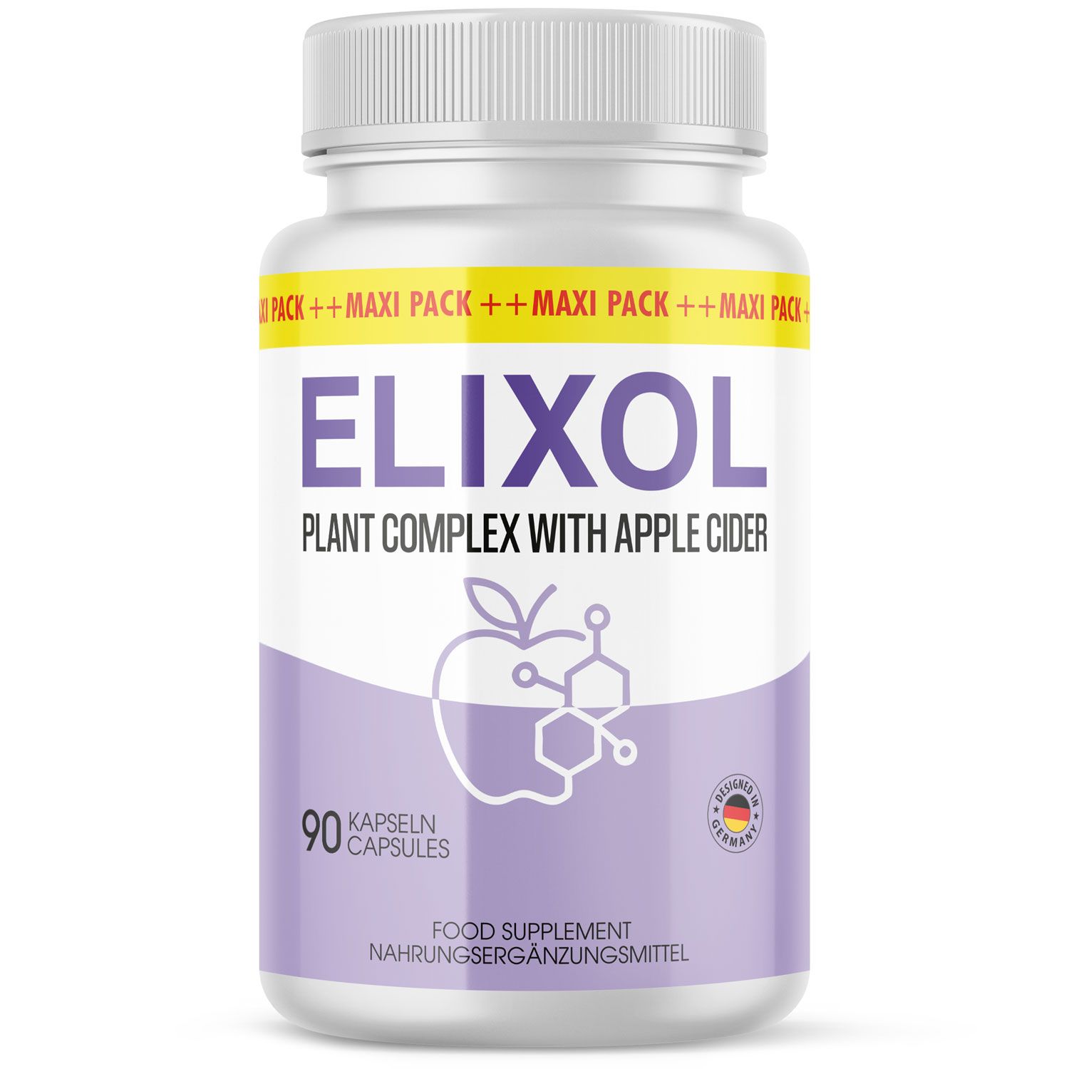Elixol Kapseln Flasche. Weißer Deckel, lila Etikett mit Apfel-Grafik. 90 Kapseln. "Plant Complex with Apple Cider". Hergestellt in Deutschland.
