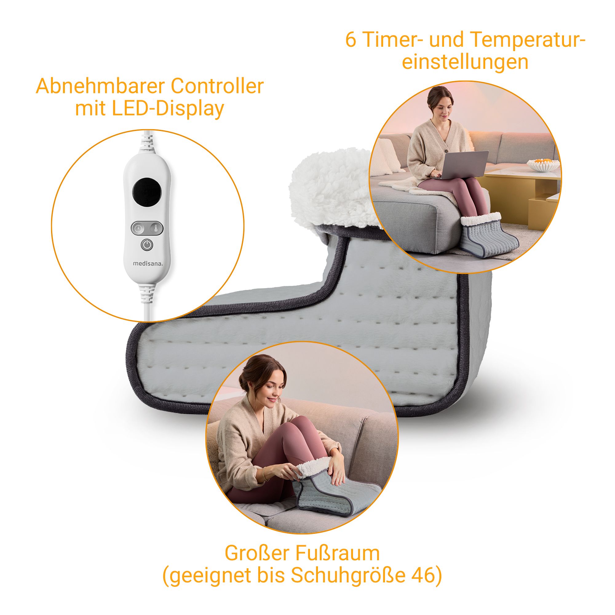 Grauer Fußwärmer mit weißem Innenfutter und Bedienfeld. Text: Abnehmbarer Controller mit LED-Display, 6 Timer- und Temperatureinstellungen, Großer Fußraum.