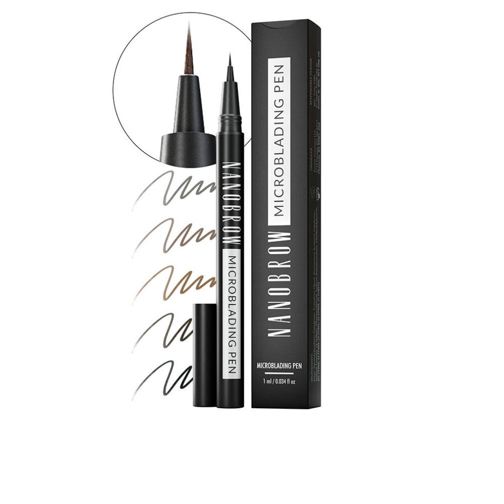 Brauner Stift "Nanobrow Microblading Pen". Schwarze Verpackung mit Produktnamen. Strichzeichnungen in verschiedenen Brauntönen.