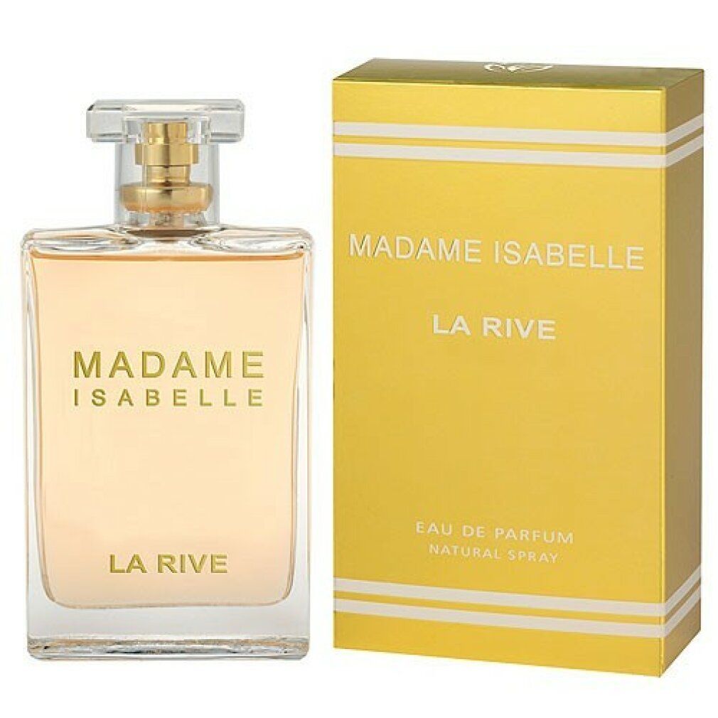 Parfümflasche und goldfarbene Verpackung. Aufschrift: MADAME ISABELLE, LA RIVE, Eau de Parfum Natural Spray.
