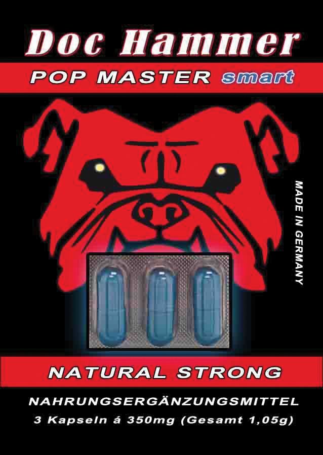 Blisterpackung mit drei blauen Kapseln. Text: Doc Hammer, POP MASTER smart, NATURAL STRONG, Nahrungsergänzungsmittel. Made in Germany.