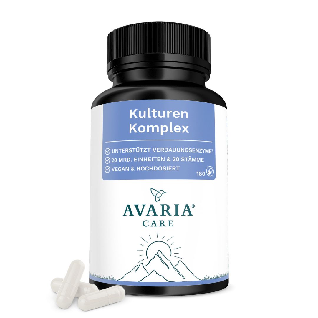 Avaria Care® Kulturen Komplex – 20 Bakterienstämme hochdosiert mit Calcium & Inulin vegan 180 St Kapseln